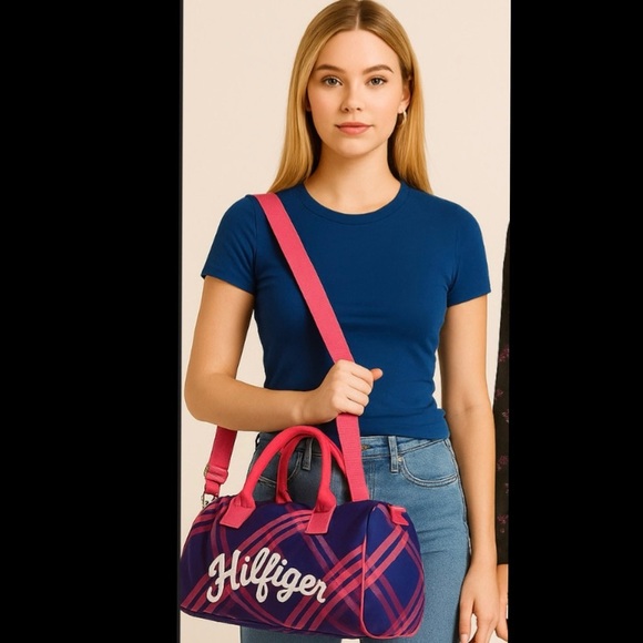 Vintage Tommy Hilfiger 13”x10”Plaid Academia Duffle Crossbody Bag Pink Blue - Picture 1 of 16